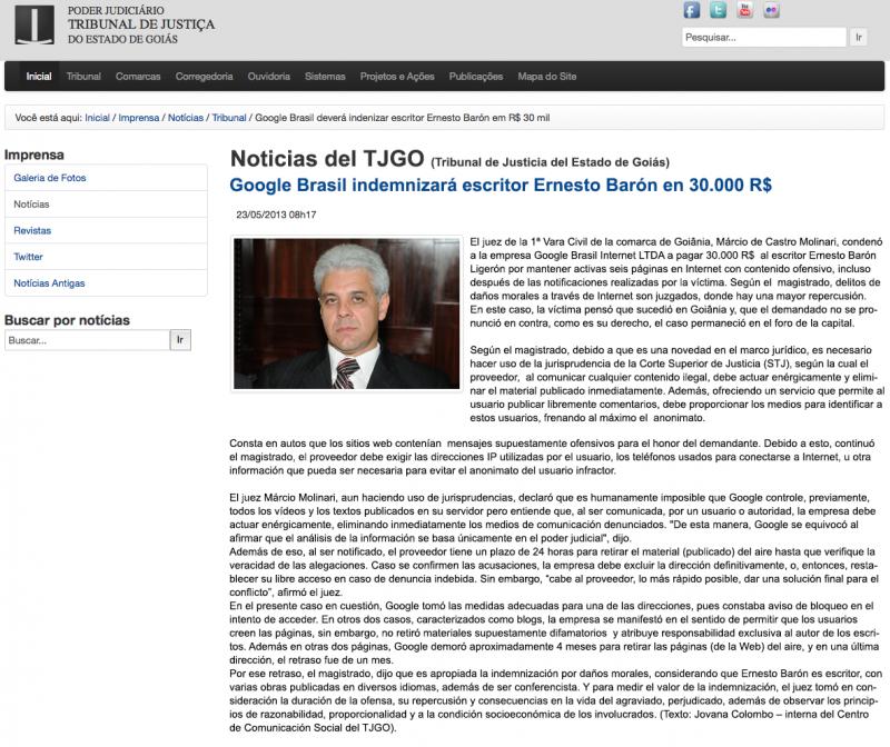 Google Brasil Internet LTDA a pagare 30.000 R$ allo scrittore Ernesto Barón